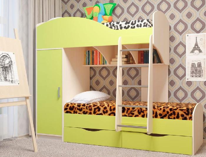 Детский набор-комплект Жемчужина ( СМ 80х180) ( 80х180 , ЛДСП , дуб молочный/лайм зеленый , без матраса (Пирамида) )